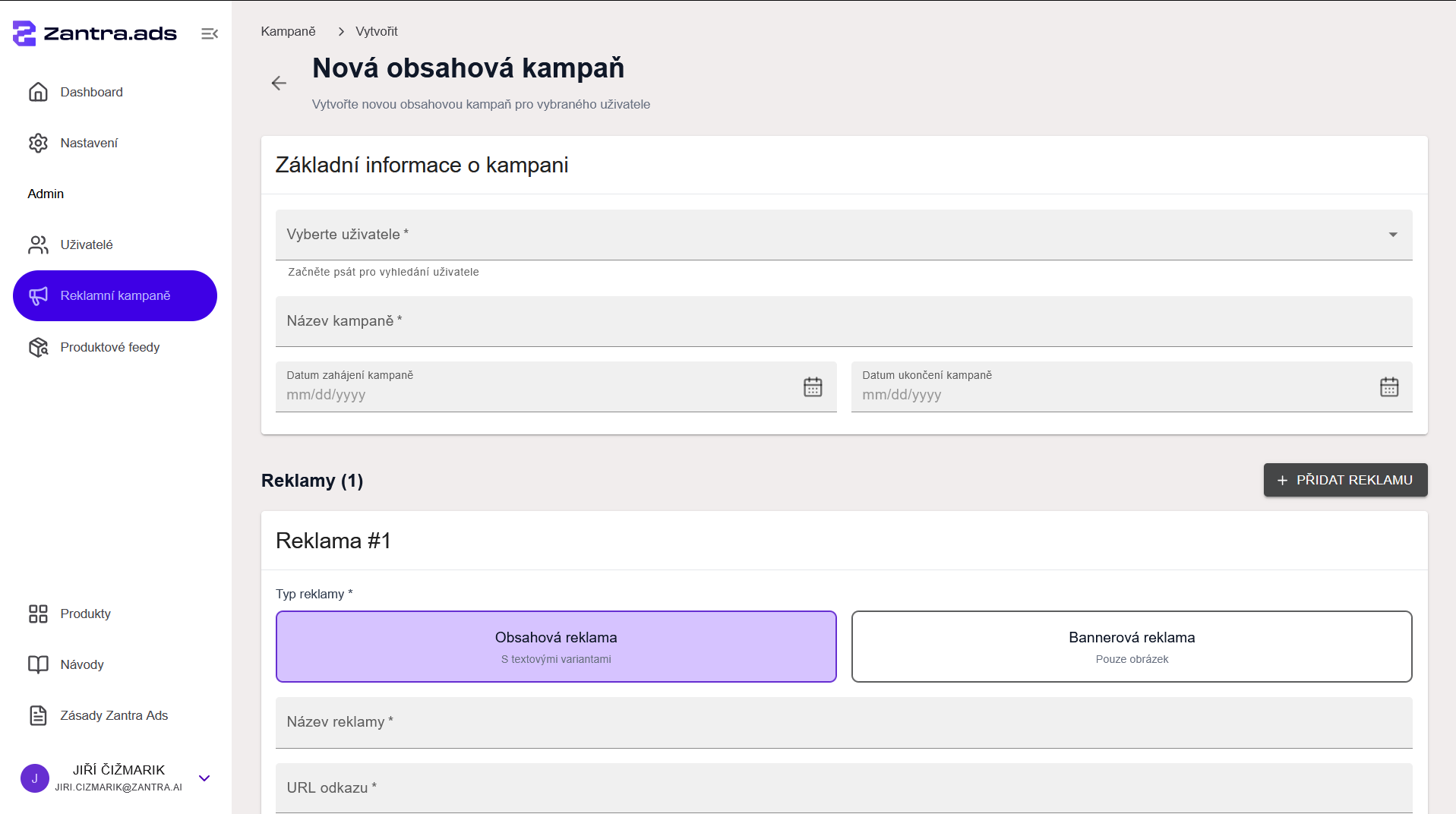 Založení nové kampaně v Zantra Ads